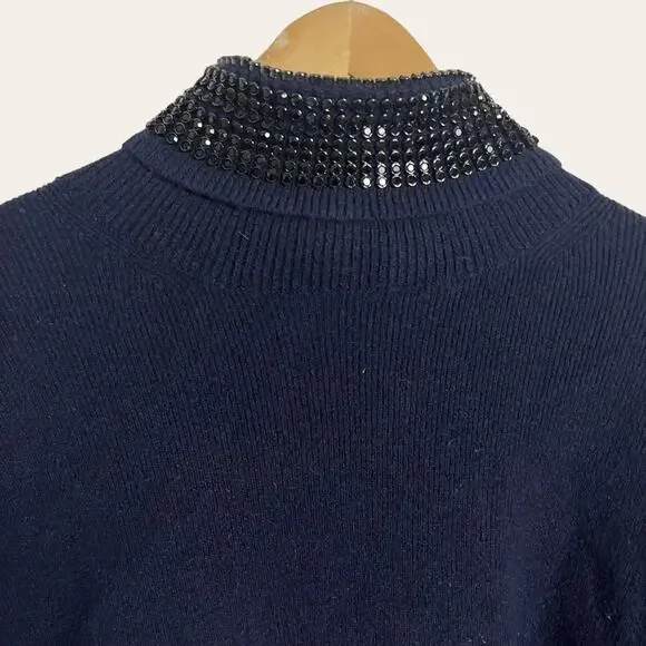 Alexander Wang Navy Blue Crystal Collar Wool Turtleneck Sweater Size L